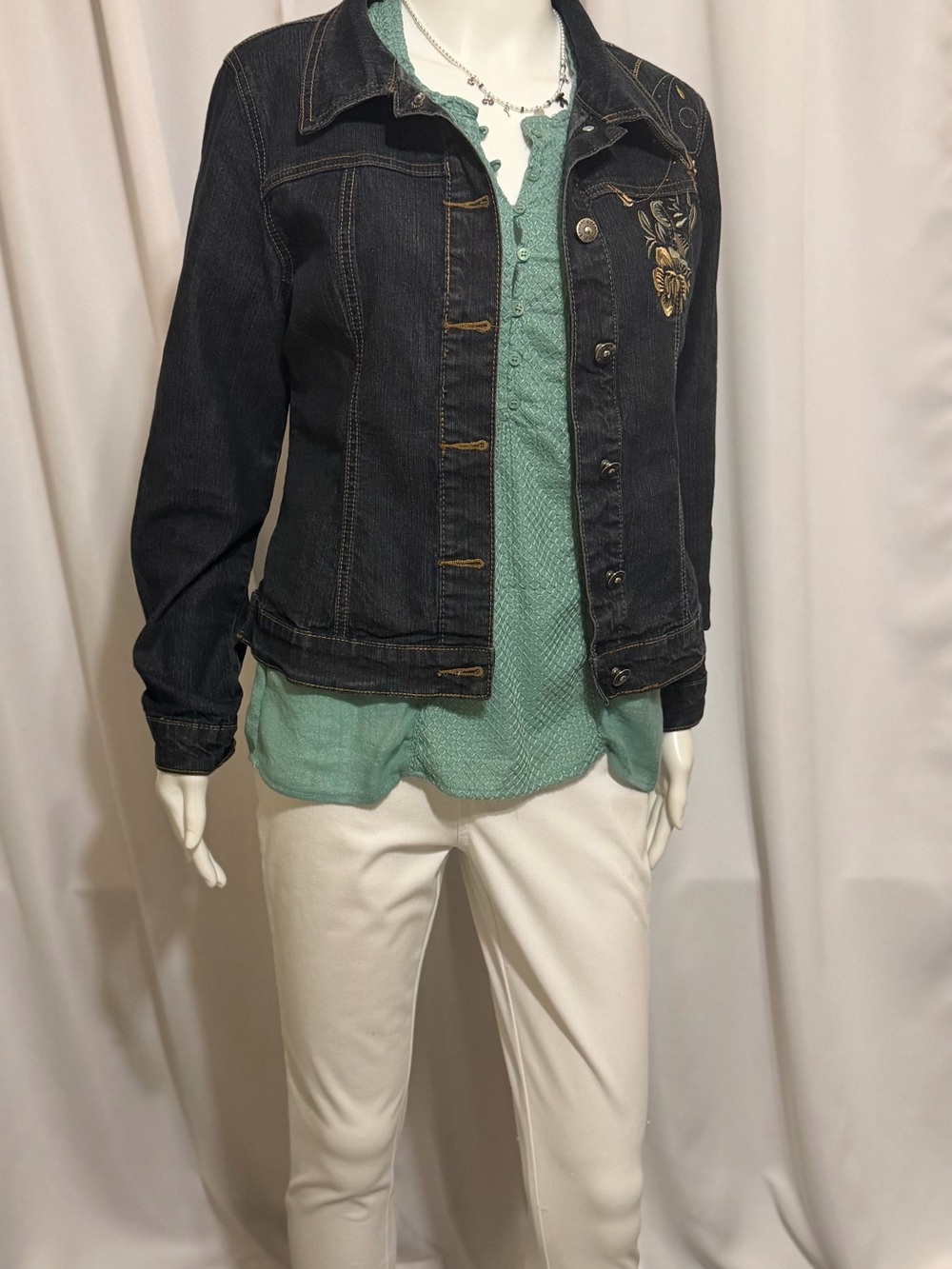 Jeanbay Floral Embroidered Jean Jacket Women’s MP Dark Indigo Boho Y2K Aesthetic